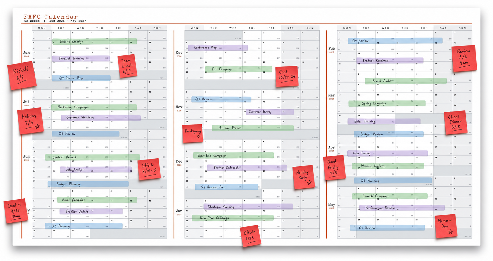 FAFO Plum dry-erase wall calendar in plum on white, showing a full 12-month layout.