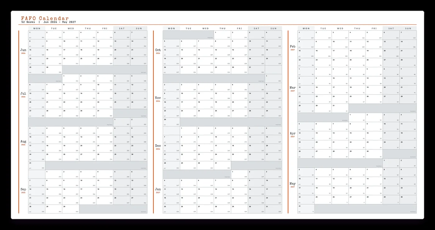 FAFO Operator Full Wall calendar — graphite grey with blaze orange.