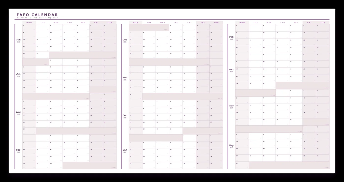FAFO Plum Full Wall calendar — plum on white.